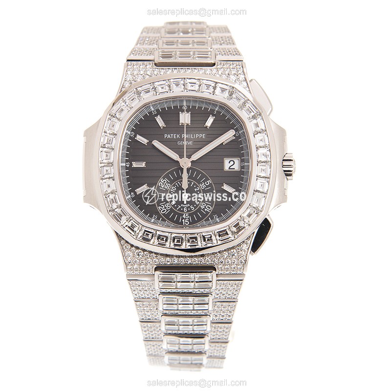 Patek Philippe Replica - 5980/1400G-010 - Automatic - 18kt White Gold - Diamond Bezel - Black Dial - Silver Strap - Clasp - View 2