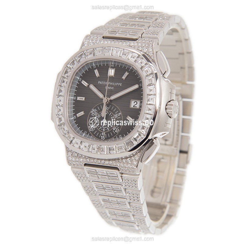 Patek Philippe Replica - 5980/1400G-010 - Automatic - 18kt White Gold - Diamond Bezel - Black Dial - Silver Strap - Clasp - View 3
