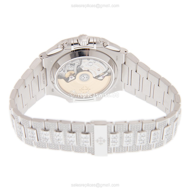 Patek Philippe Replica - 5980/1400G-010 - Automatic - 18kt White Gold - Diamond Bezel - Black Dial - Silver Strap - Clasp - View 4
