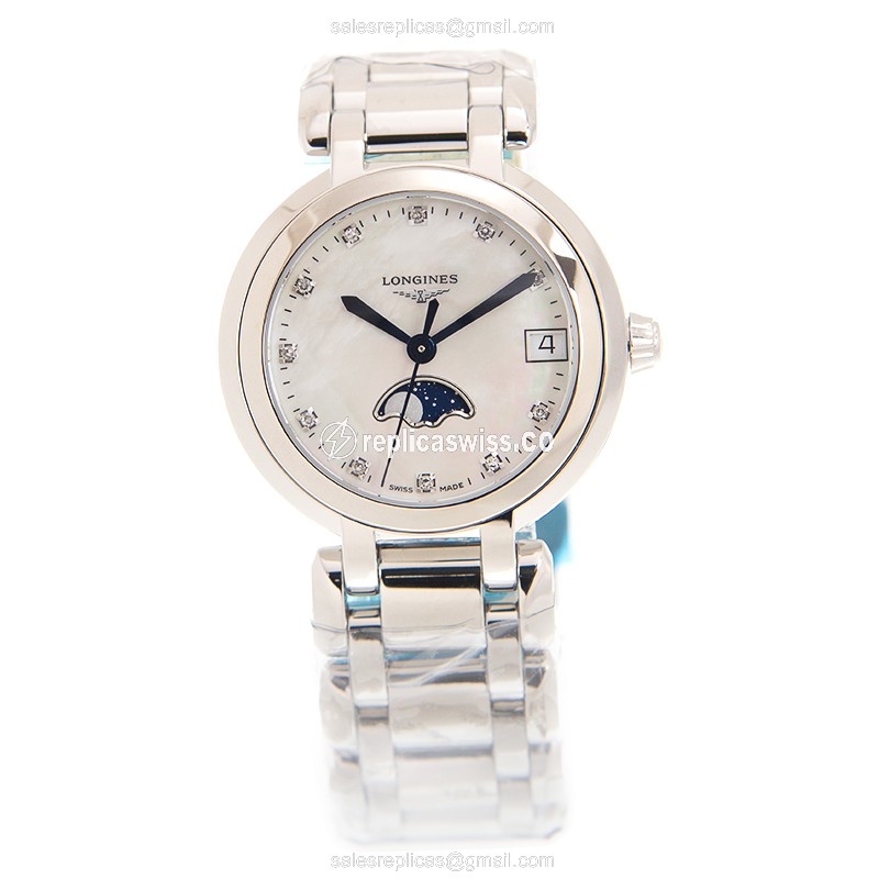 Longines Prima Luna Replica - Quartz - Stainless Steel Case - White Dial, Silver Clasp - View 2
