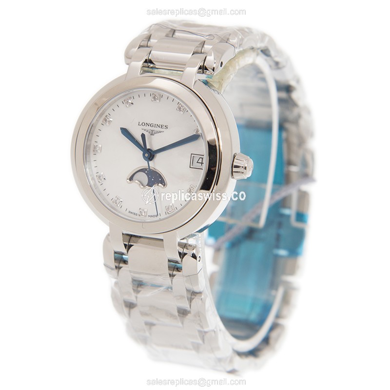 Longines Prima Luna Replica - Quartz - Stainless Steel Case - White Dial, Silver Clasp - View 3
