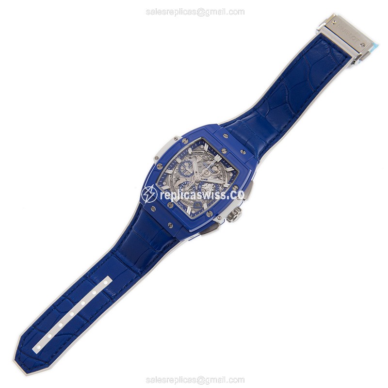 Hublot BIG BANG Replica - Automatic - Stainless Steel - Skull Dial - Blue Alligator Buckle - View 2