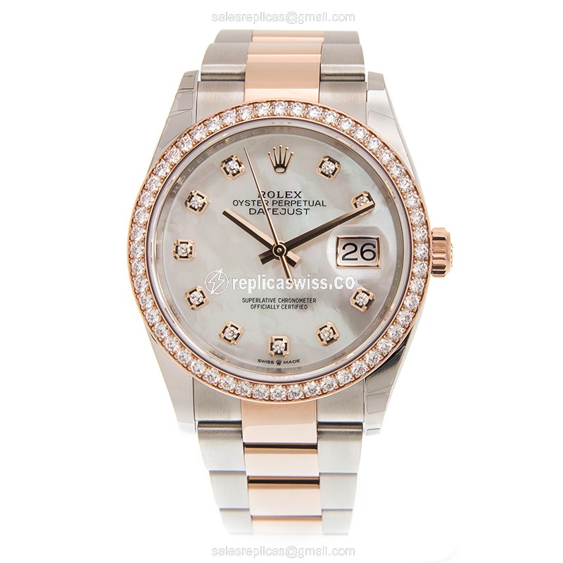 Rolex Datejust Replica - Automatic - 18kt Rose - White Dial - Gold Steel Strap - View 2