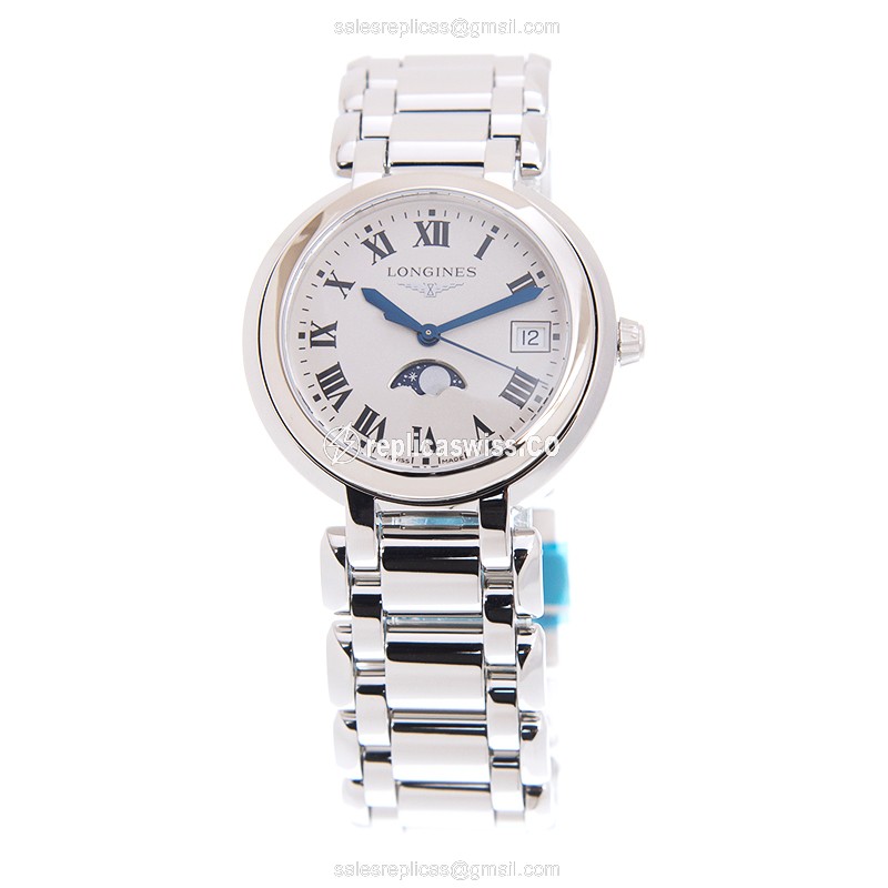 Longines Prima Luna Replica - Quartz - Stainless Steel Case - White Dial, Silver Clasp - View 2