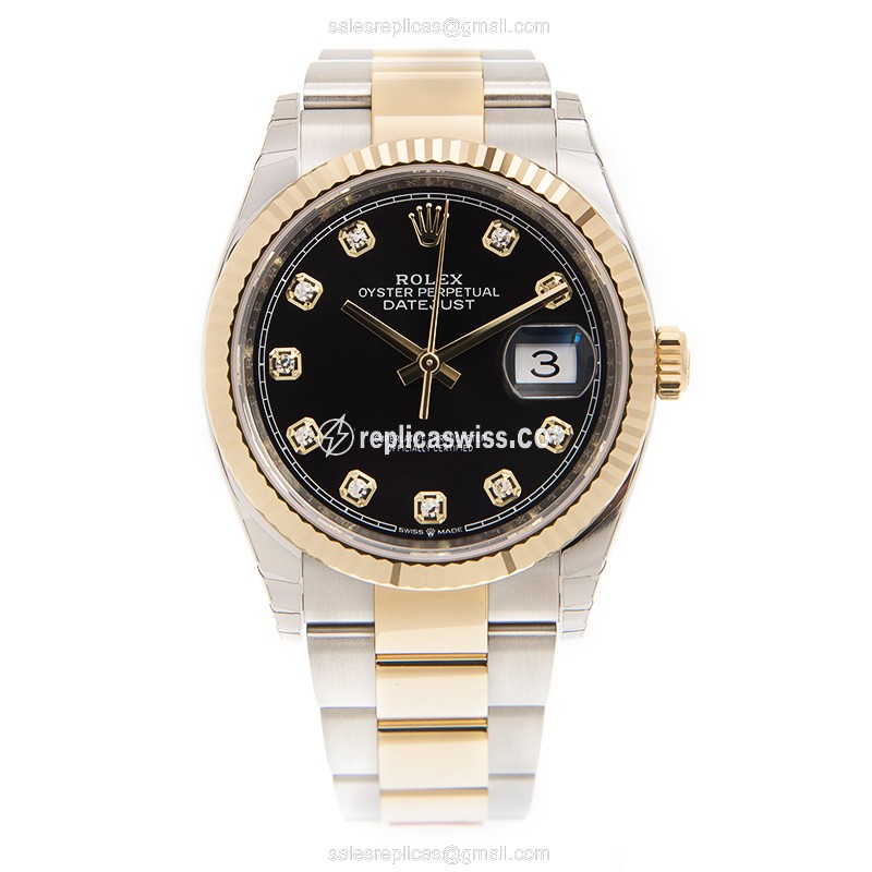 Rolex DATEJUST Replica - Automatic - 18kt Gold & Steel - Black Dial, Gold Clasp - View 2