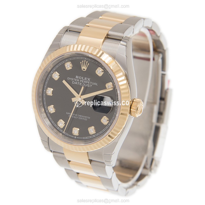 Rolex DATEJUST Replica - Automatic - 18kt Gold & Steel - Black Dial, Gold Clasp - View 3