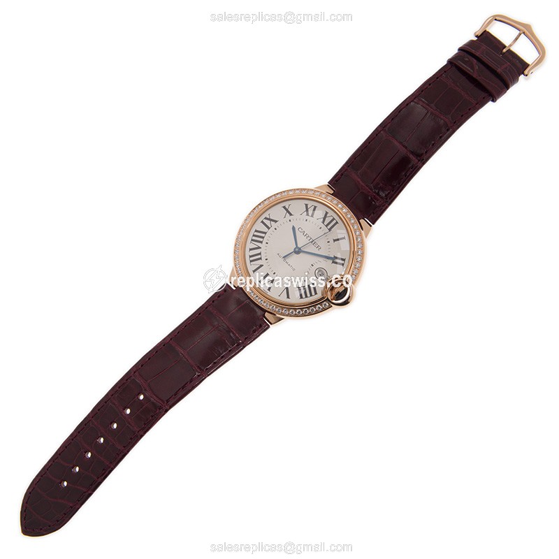 Cartier Ballon Bleu Replica - Automatic - 18kt Rose Gold - Diamonds - White Dial - Red Alligator Strap - View 2