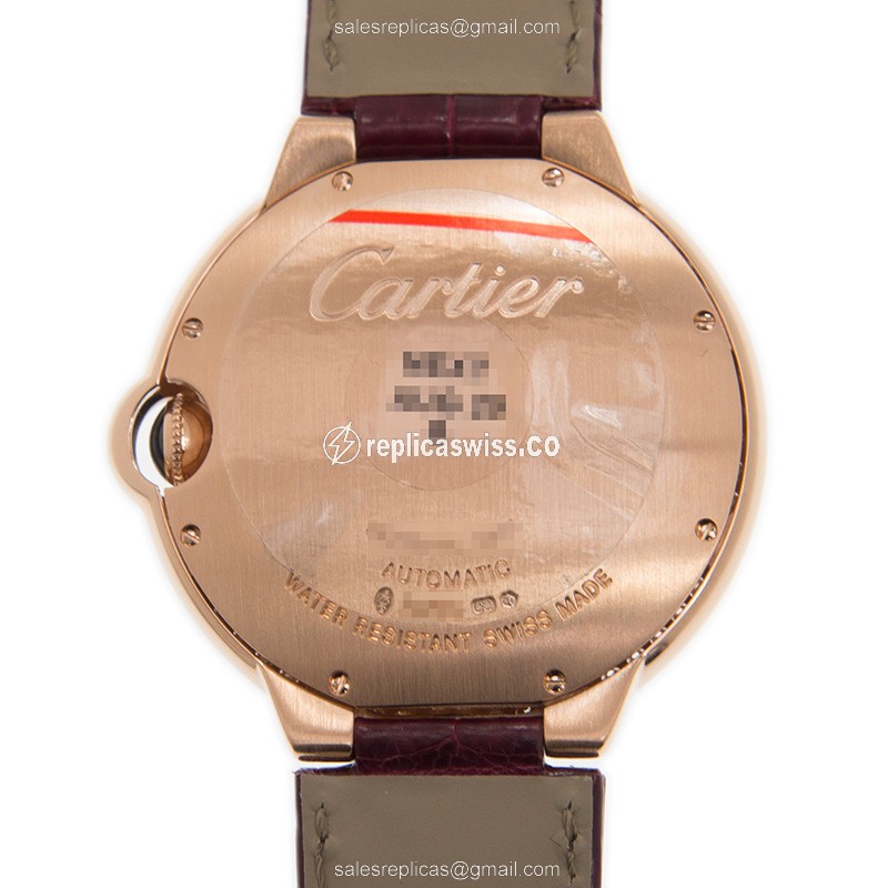 Cartier Ballon Bleu Replica - Automatic - 18kt Rose Gold - Diamonds - White Dial - Red Alligator Strap - View 3