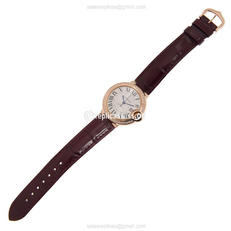 Cartier Ballon Bleu Replica - Automatic - 18kt Rose Gold - Diamonds - White Dial - Red Alligator Strap - View 2