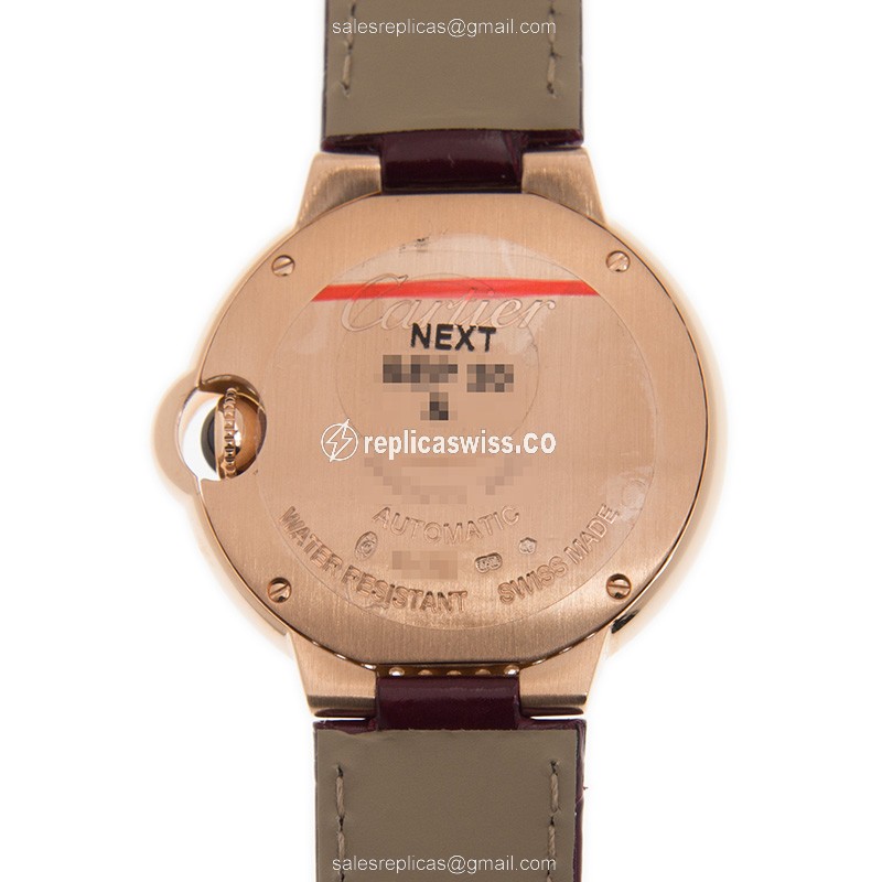 Cartier Ballon Bleu Replica - Automatic - 18kt Rose Gold - Diamonds - White Dial - Red Alligator Strap - View 3