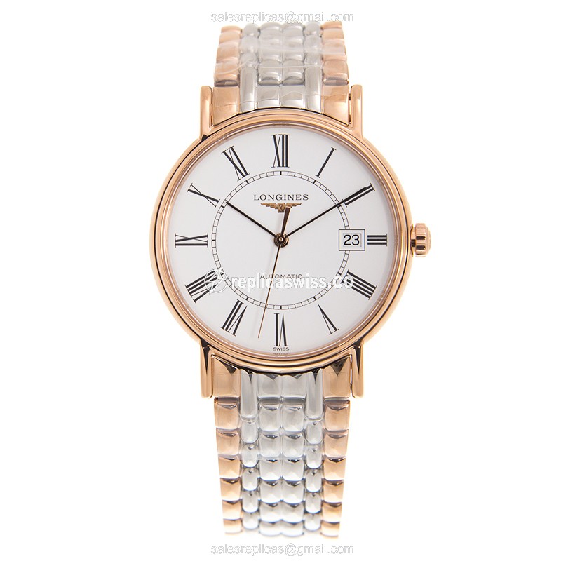 Longines Presence Replica - Automatic - 18kt Rose Gold & Steel - White Dial - Gold Strap - View 2