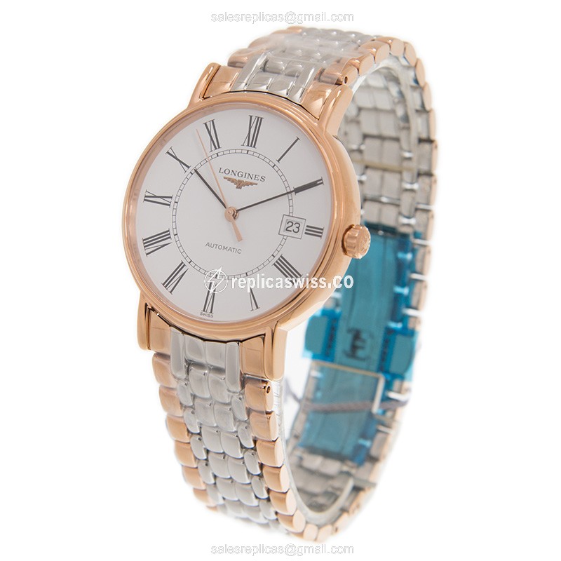 Longines Presence Replica - Automatic - 18kt Rose Gold & Steel - White Dial - Gold Strap - View 3