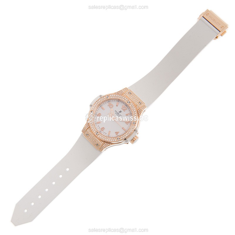 Hublot BIG BANG Quartz Replica - 18kt Rose Gold - Diamond Dial - White Rubber Strap - View 2