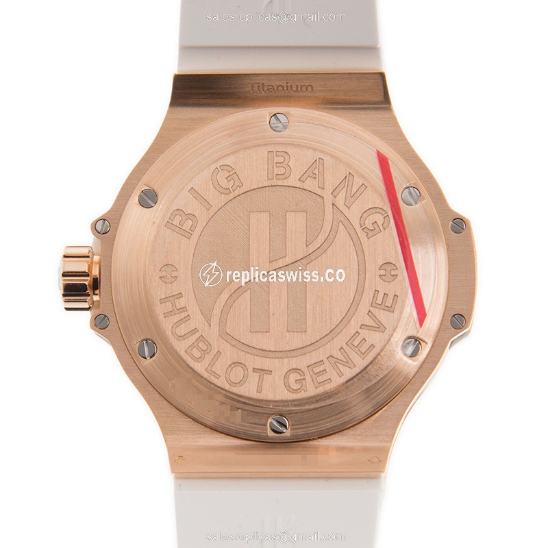 Hublot BIG BANG Quartz Replica - 18kt Rose Gold - Diamond Dial - White Rubber Strap - View 3