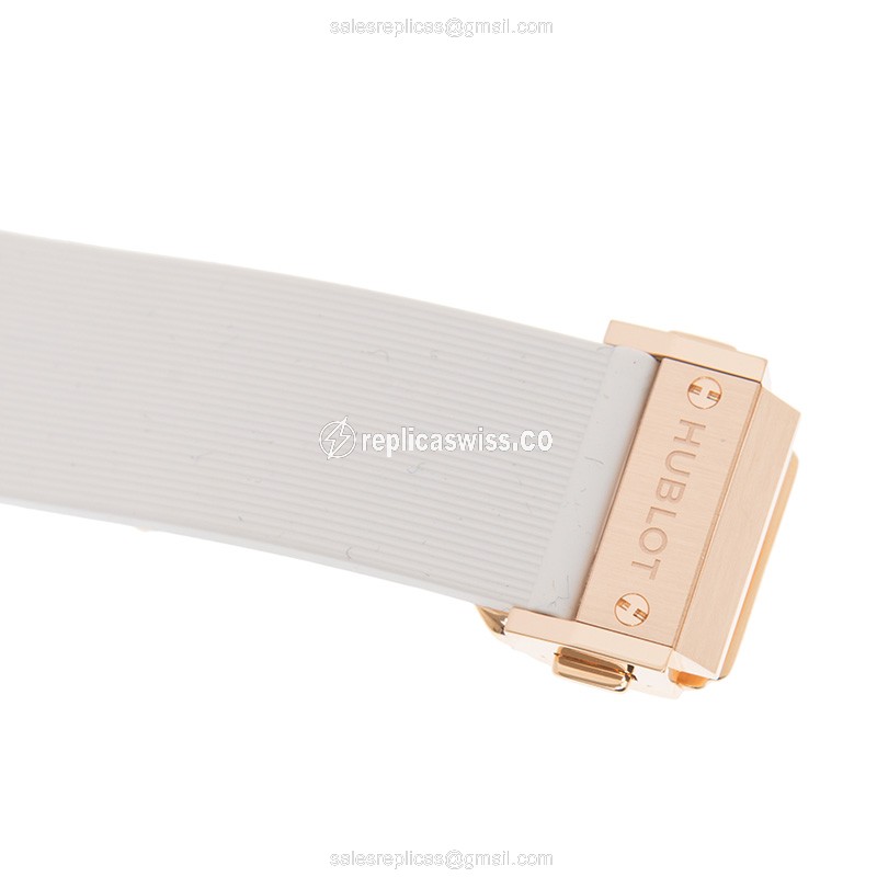 Hublot BIG BANG Quartz Replica - 18kt Rose Gold - Diamond Dial - White Rubber Strap - View 4