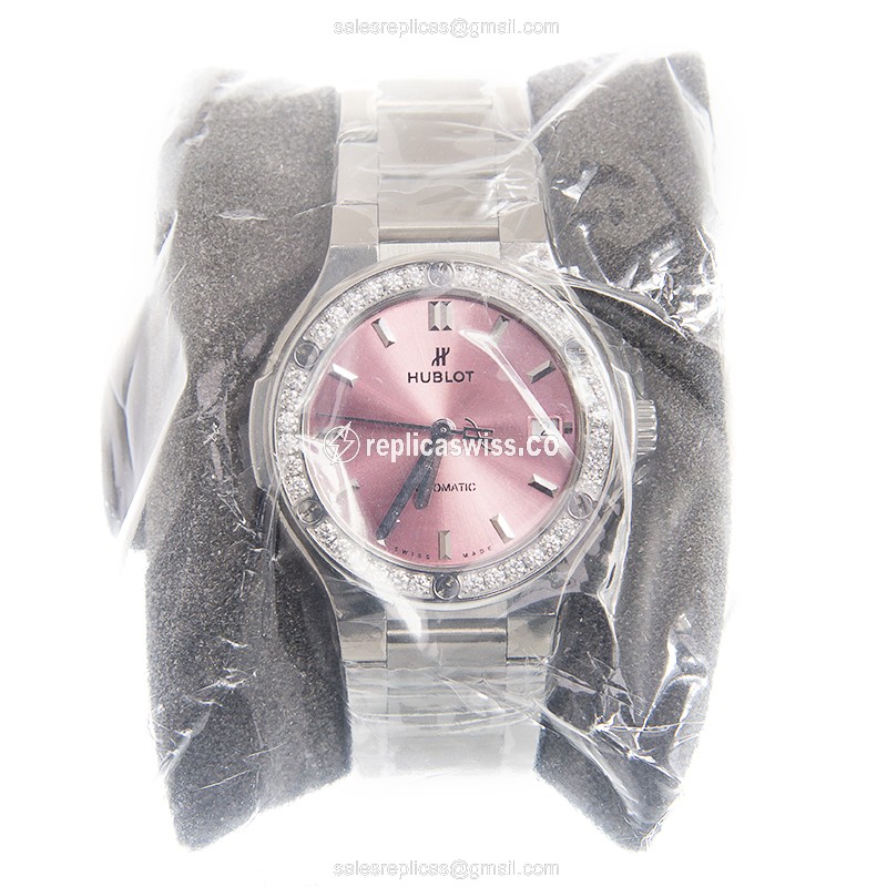 Hublot Classic Fusion Replica - Automatic - Steel Case - Pink Dial - Silver Strap - View 2
