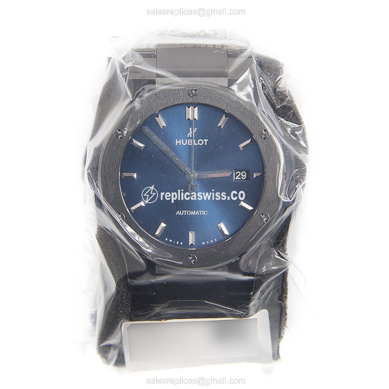 Hublot Classic Fusion Replica - Automatic - Blue Dial - Steel Case - Ceramic Black Strap - View 2