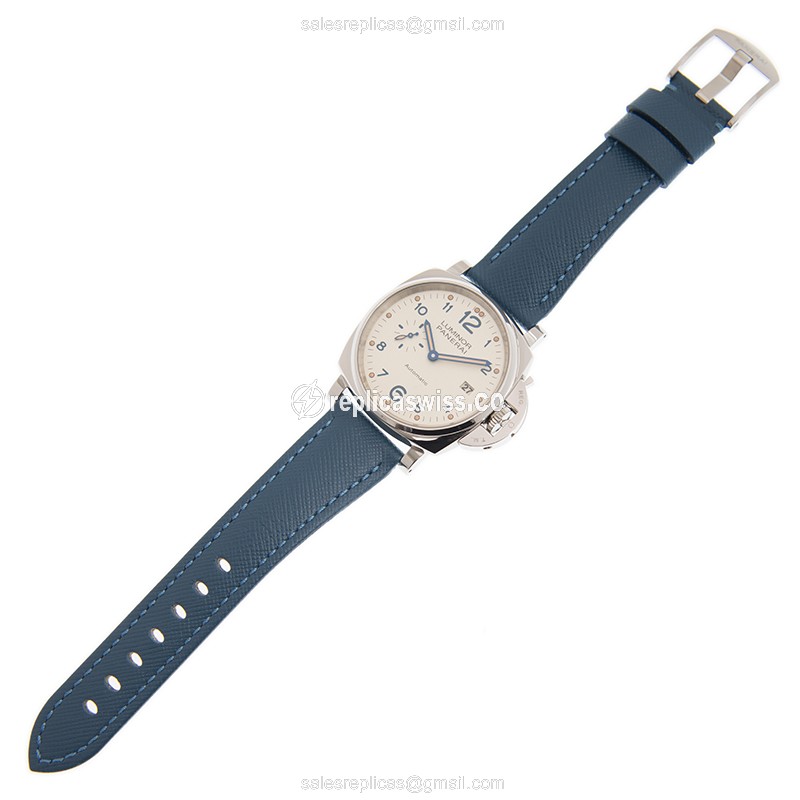 Panerai PAM00906 Replica - Automatic - Steel Case - White Dial - Blue Leather Strap - View 2