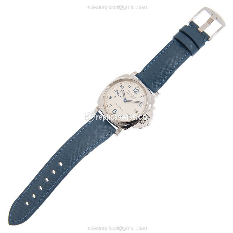 Panerai PAM00903 LUMINOR Replica - Automatic - Steel Case - White Dial - Blue Leather Strap - View 2