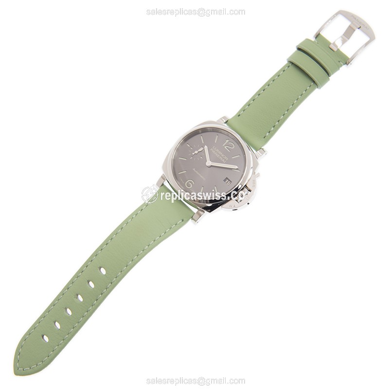 Panerai PAM00755 LUMINOR Replica - Automatic - Steel Case - Gray Dial - Green Leather Strap - Buckle Clasp - View 2