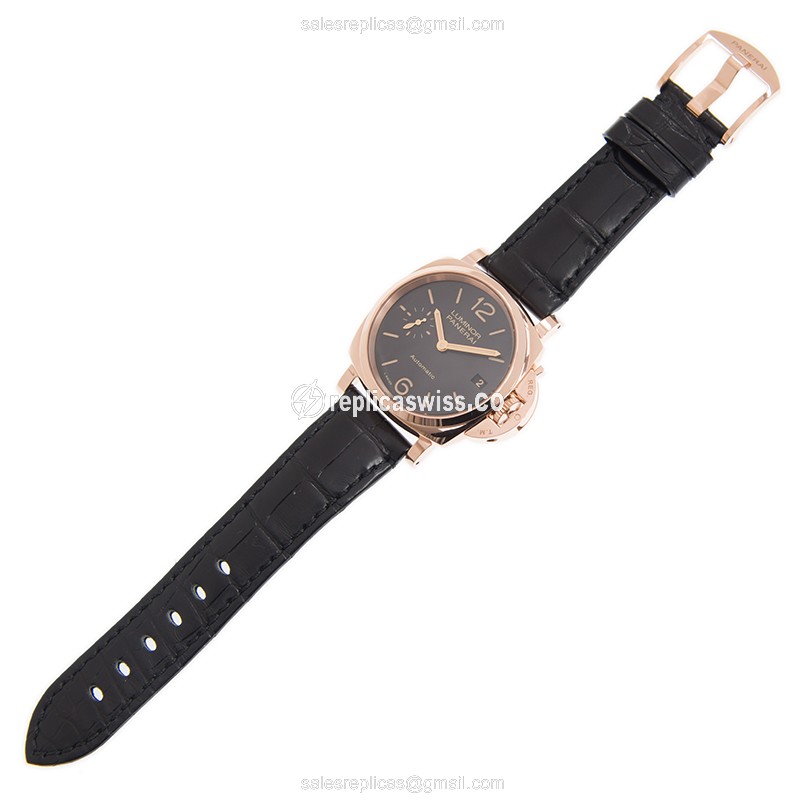 Panerai PAM00908 LUMINOR Replica - Automatic - 18kt Rose Gold - Black Dial - Alligator Black Strap - View 2