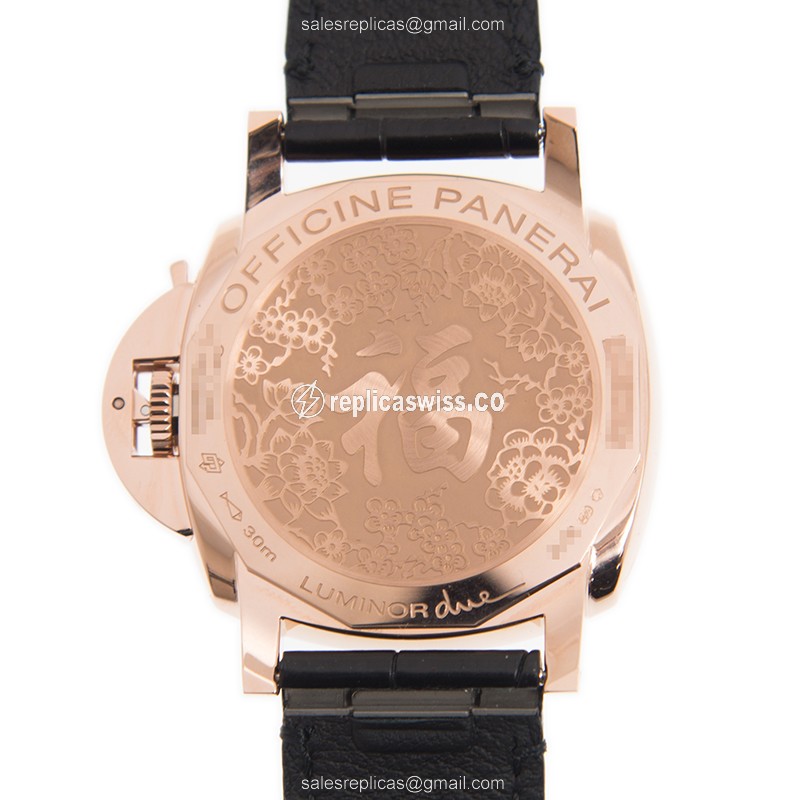 Panerai PAM00908 LUMINOR Replica - Automatic - 18kt Rose Gold - Black Dial - Alligator Black Strap - View 3