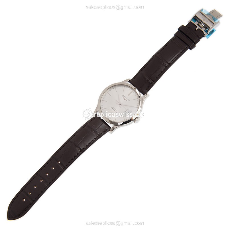 Longines RECORD Replica - Automatic - Stainless Steel - White Dial, Brown Alligator Strap - View 2