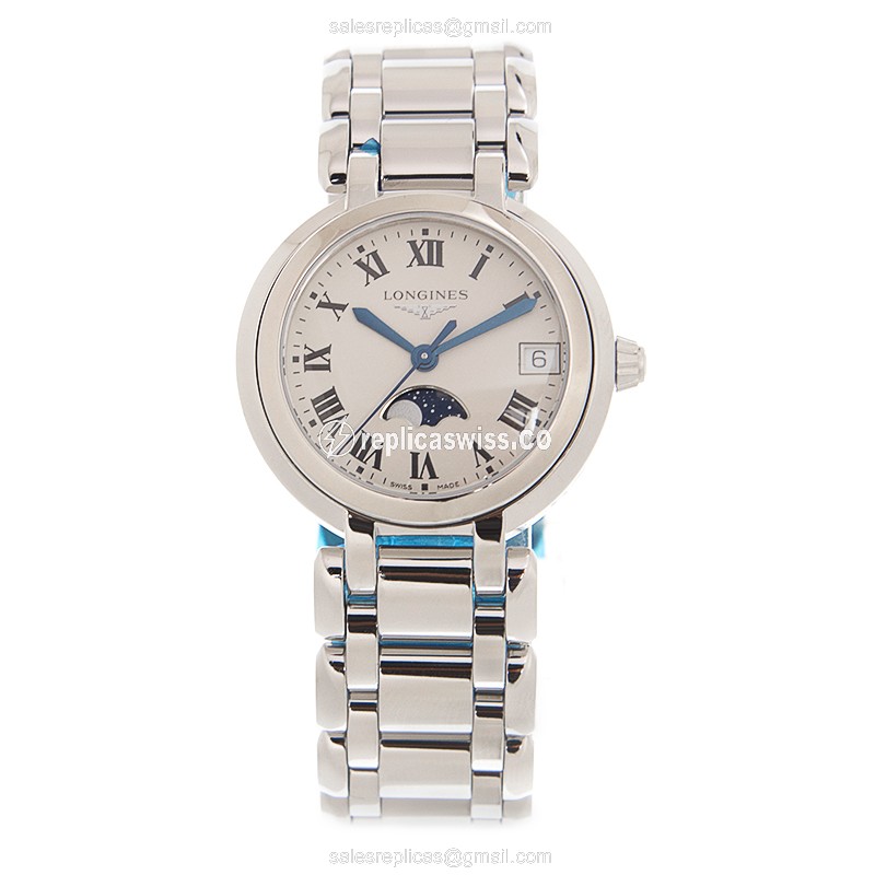 Longines Prima Luna Quartz - Steel Case - White Dial - Silver Strap - Clasp - View 2