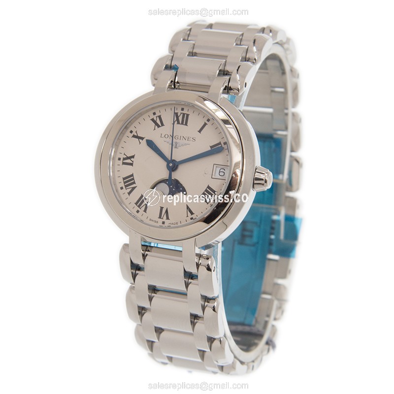 Longines Prima Luna Quartz - Steel Case - White Dial - Silver Strap - Clasp - View 3