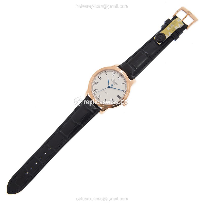 Glashutte Senator Manual Winding Skeletonized - Automatic 18kt Rose Gold - White Dial, Black Alligator Strap - View 2