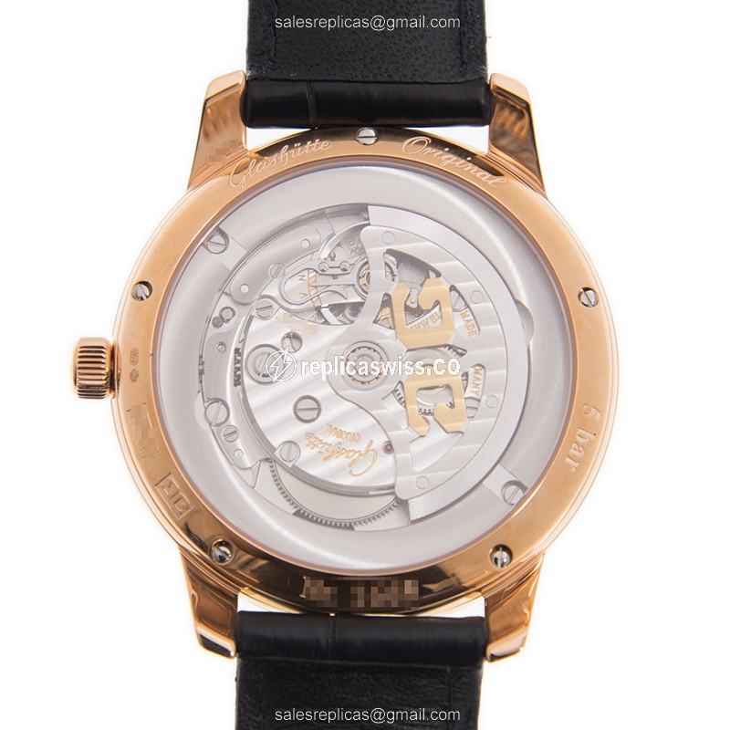 Glashutte Senator Manual Winding Skeletonized - Automatic 18kt Rose Gold - White Dial, Black Alligator Strap - View 3
