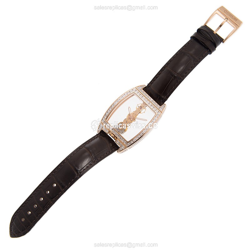 Corum Golden Bridge Replica - Manual Wind - 18kt Rose Gold - Diamonds - Brown Alligator Strap - View 2