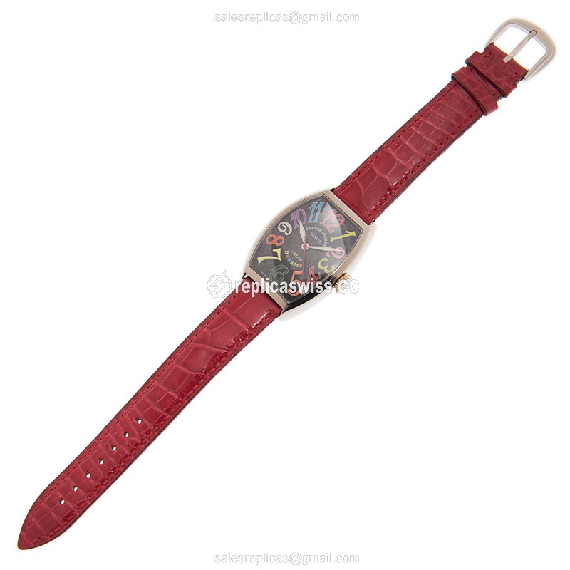 Franck Muller 5850 SC COL DRM Cintree Curvex - Auto 18kt White Gold - Black Dial - Red Alligator Buckle - View 2