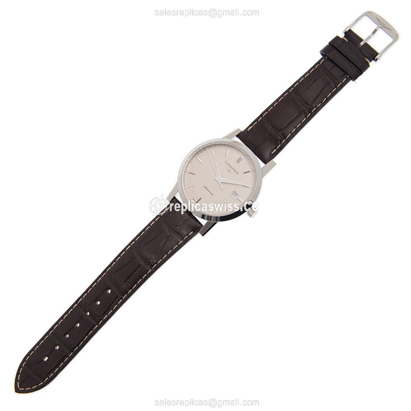Longines 1832 Replica - Automatic - Stainless Steel - White Dial - Brown Alligator Strap - View 2
