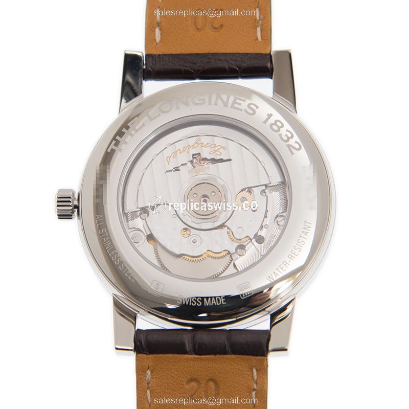 Longines 1832 Replica - Automatic - Stainless Steel - White Dial - Brown Alligator Strap - View 3