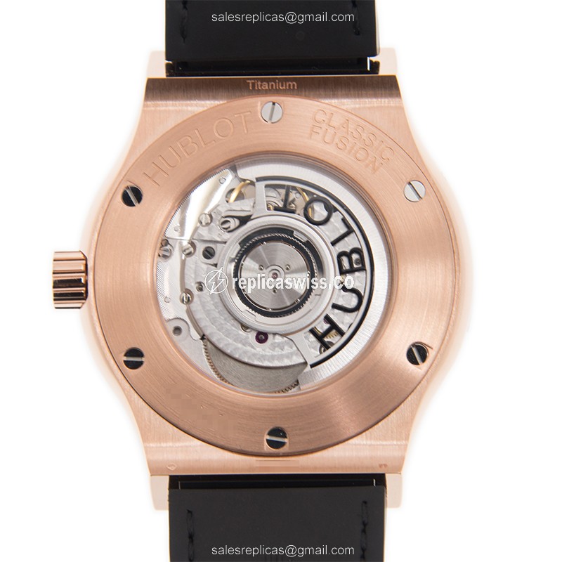 Hublot Classic Fusion Replica - Automatic 18kt Rose Gold - Black Dial, Alligator Strap, Buckle Clasp - View 3