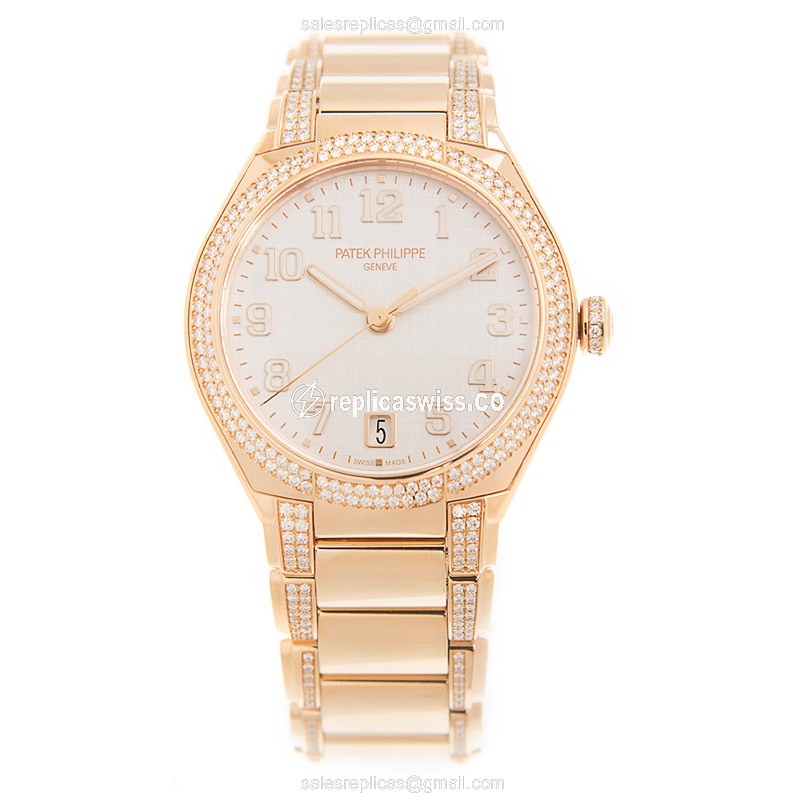 Patek Philippe TWENTY-4 Replica - Auto - 18kt Rose Gold - Diamonds - White Dial - View 2