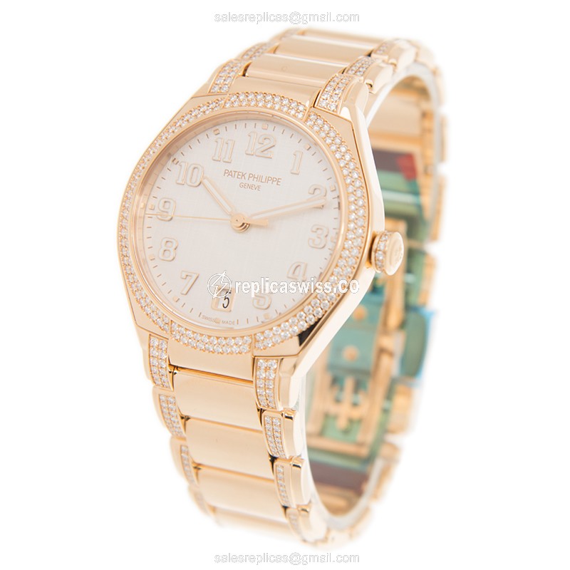 Patek Philippe TWENTY-4 Replica - Auto - 18kt Rose Gold - Diamonds - White Dial - View 3