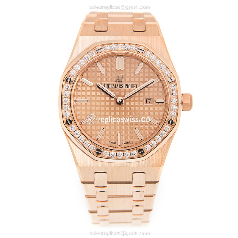 Audemars Piguet Royal Oak Quartz 18kt Rose Gold - Diamond Dial - Gold Clasp - Gold Strap - View 2
