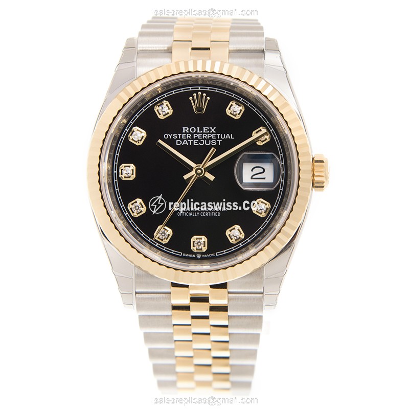 Rolex DATEJUST Replica - 18kt Gold/Steel - Automatic - Black Dial, Gold Clasp & Strap - View 2