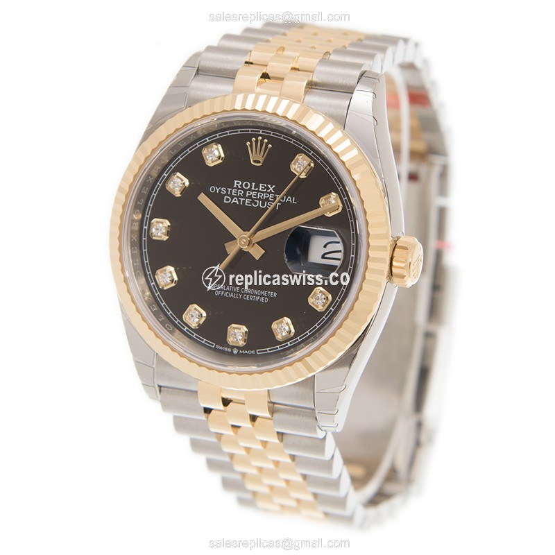 Rolex DATEJUST Replica - 18kt Gold/Steel - Automatic - Black Dial, Gold Clasp & Strap - View 3