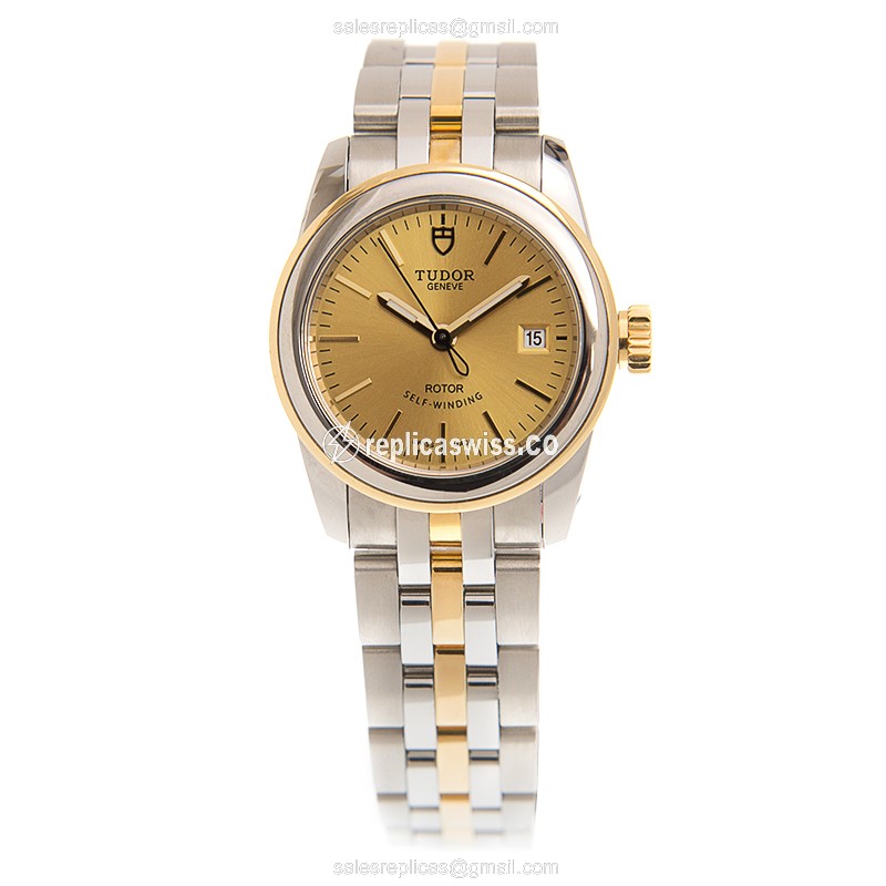 Automatic Tudor Glamour Date - 18kt Gold & Steel - Gold Dial - Gold Clasp - View 2