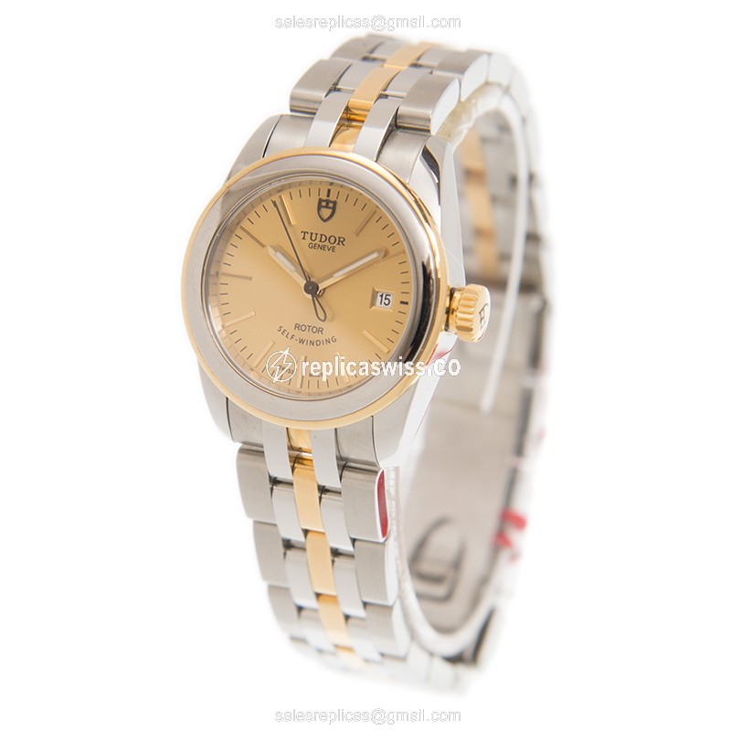 Automatic Tudor Glamour Date - 18kt Gold & Steel - Gold Dial - Gold Clasp - View 3