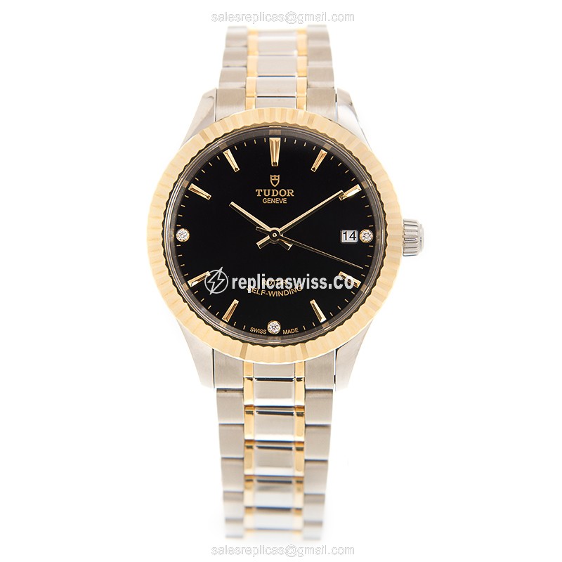 Tudor 12313-65033-369DI-BK Replica - Automatic 18kt Gold Case - Black Dial - Steel Strap - View 2
