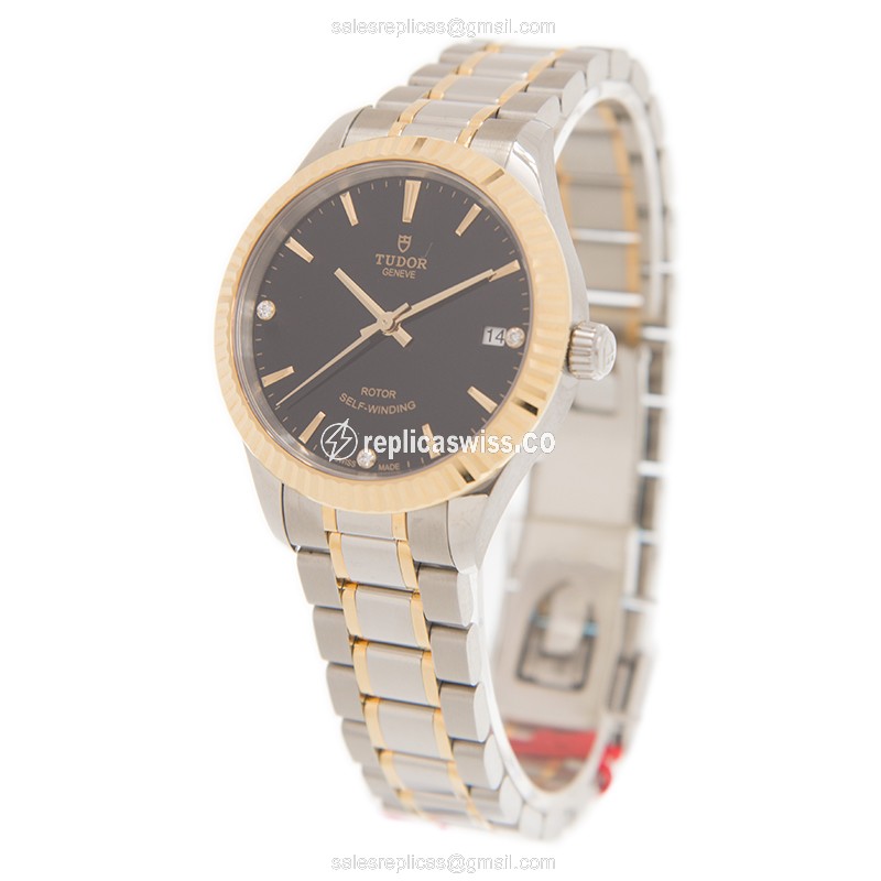 Tudor 12313-65033-369DI-BK Replica - Automatic 18kt Gold Case - Black Dial - Steel Strap - View 3