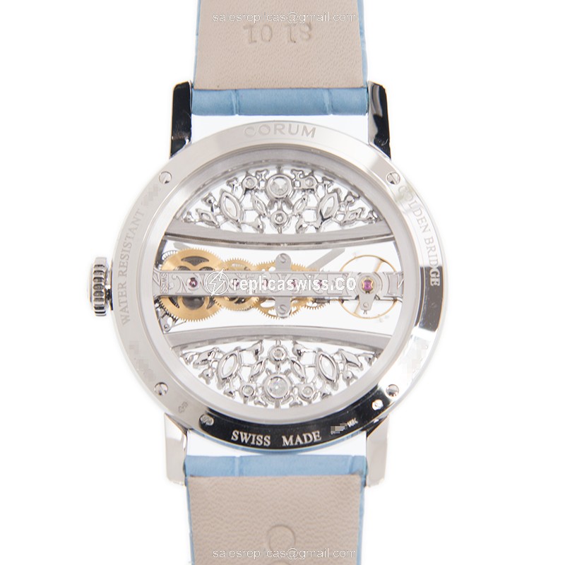 Corum Golden Bridge Replica - Manual Wind - 18kt White Gold - Diamond Dial - Blue Alligator Strap - View 3