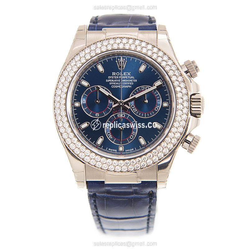 Rolex Daytona Replica - Automatic - 18kt White Gold - Diamond Bezel - Blue Dial - Alligator Strap - View 2