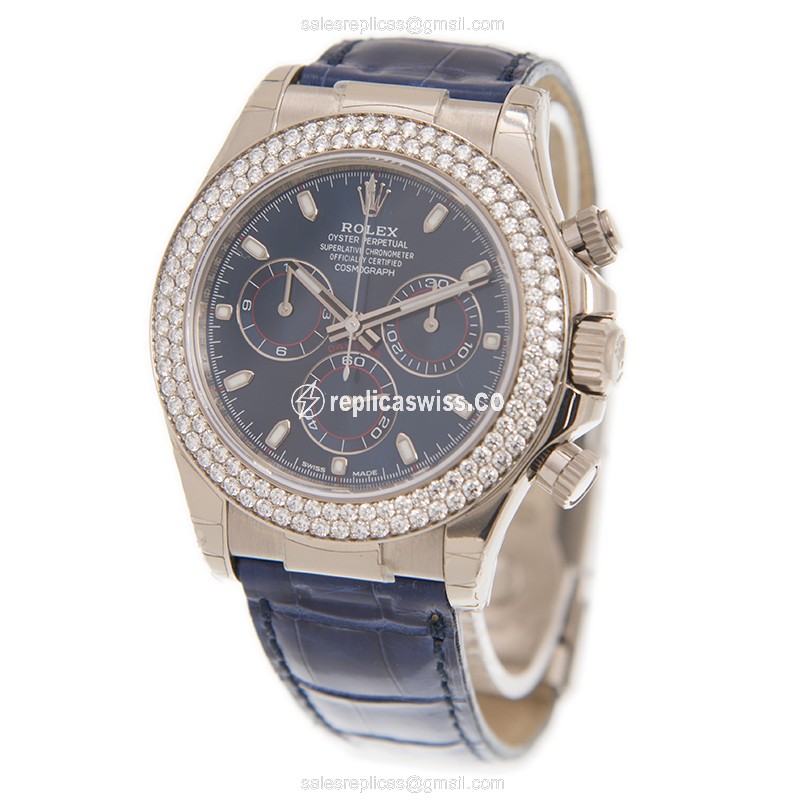 Rolex Daytona Replica - Automatic - 18kt White Gold - Diamond Bezel - Blue Dial - Alligator Strap - View 3
