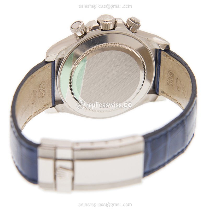 Rolex Daytona Replica - Automatic - 18kt White Gold - Diamond Bezel - Blue Dial - Alligator Strap - View 4