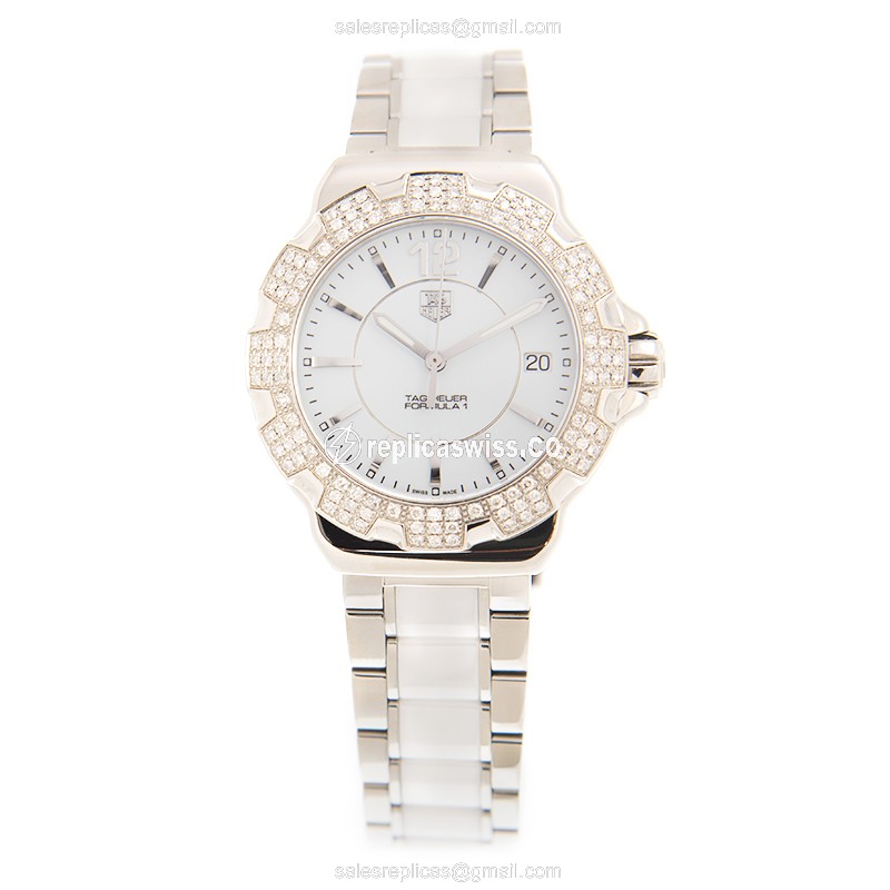 Tag Heuer F1 Quartz Watch - White Dial - Diamond Case - White Steel Strap - View 2
